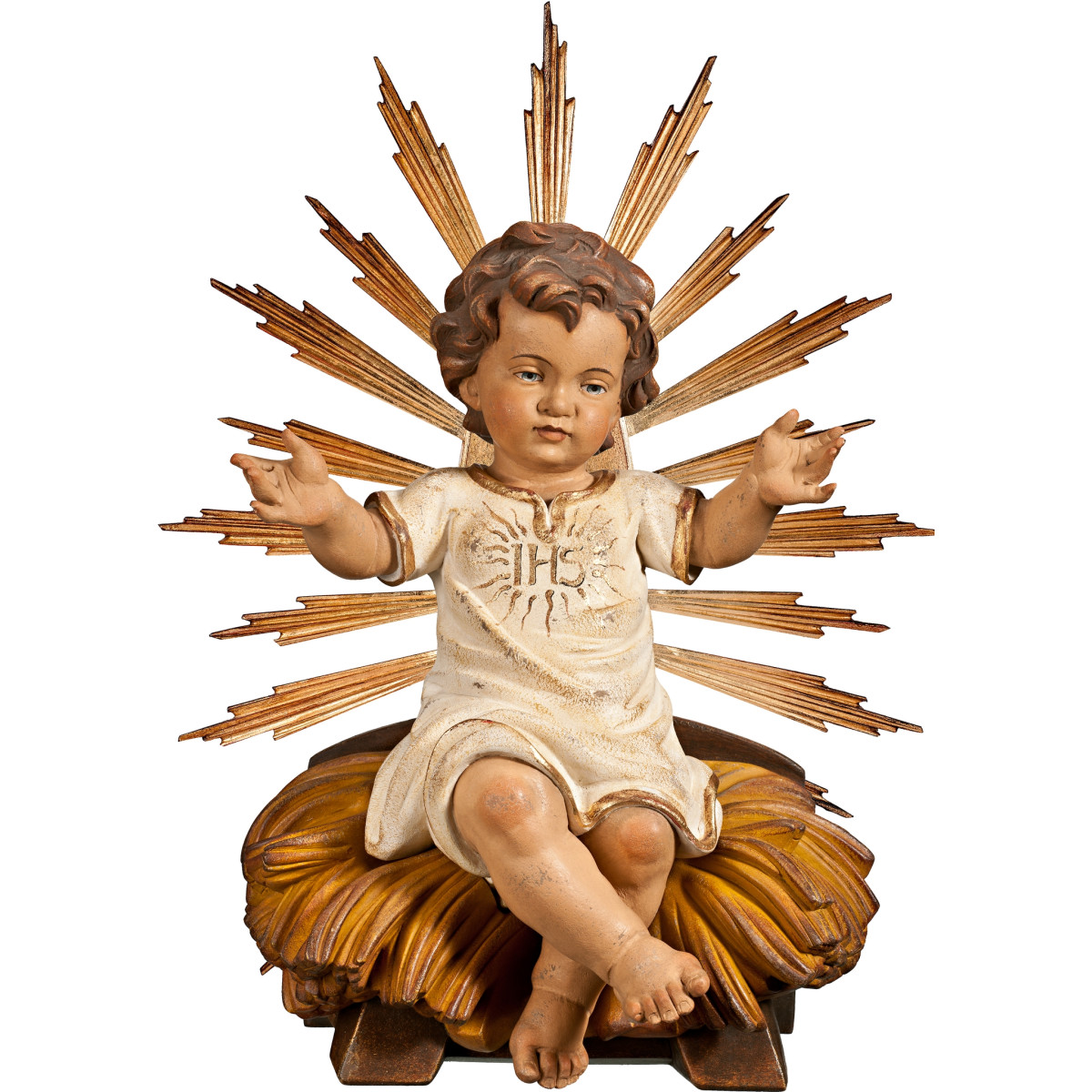 Niño Jesús vestido IHS sentado en cuna con aureola